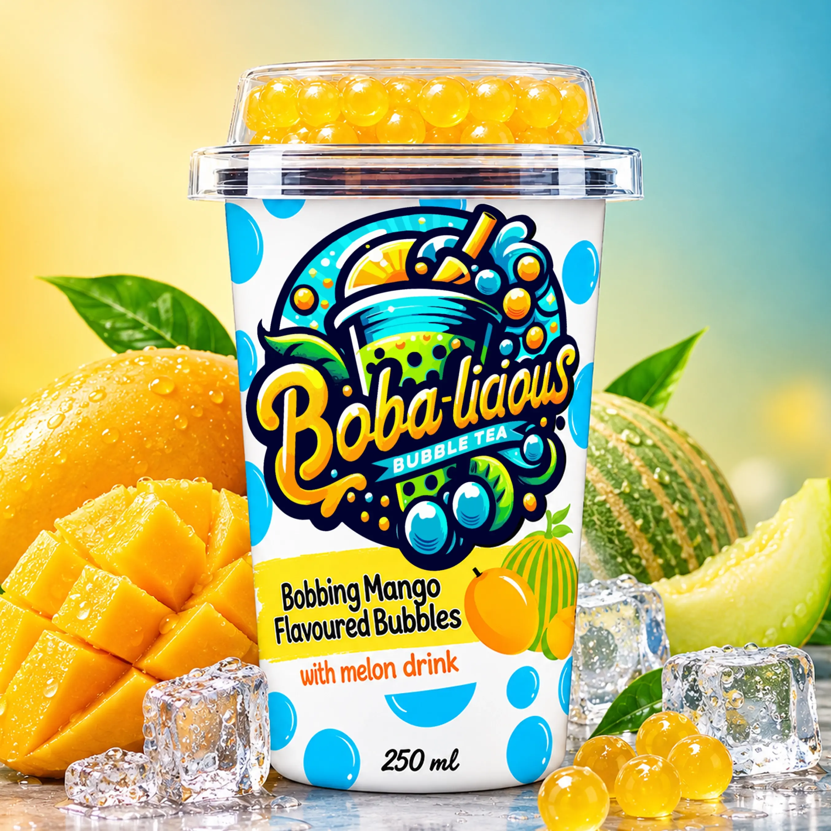 Boba-licious 250 ml mango flavoured popping boba cup with melon drink, mango, melon and ice.